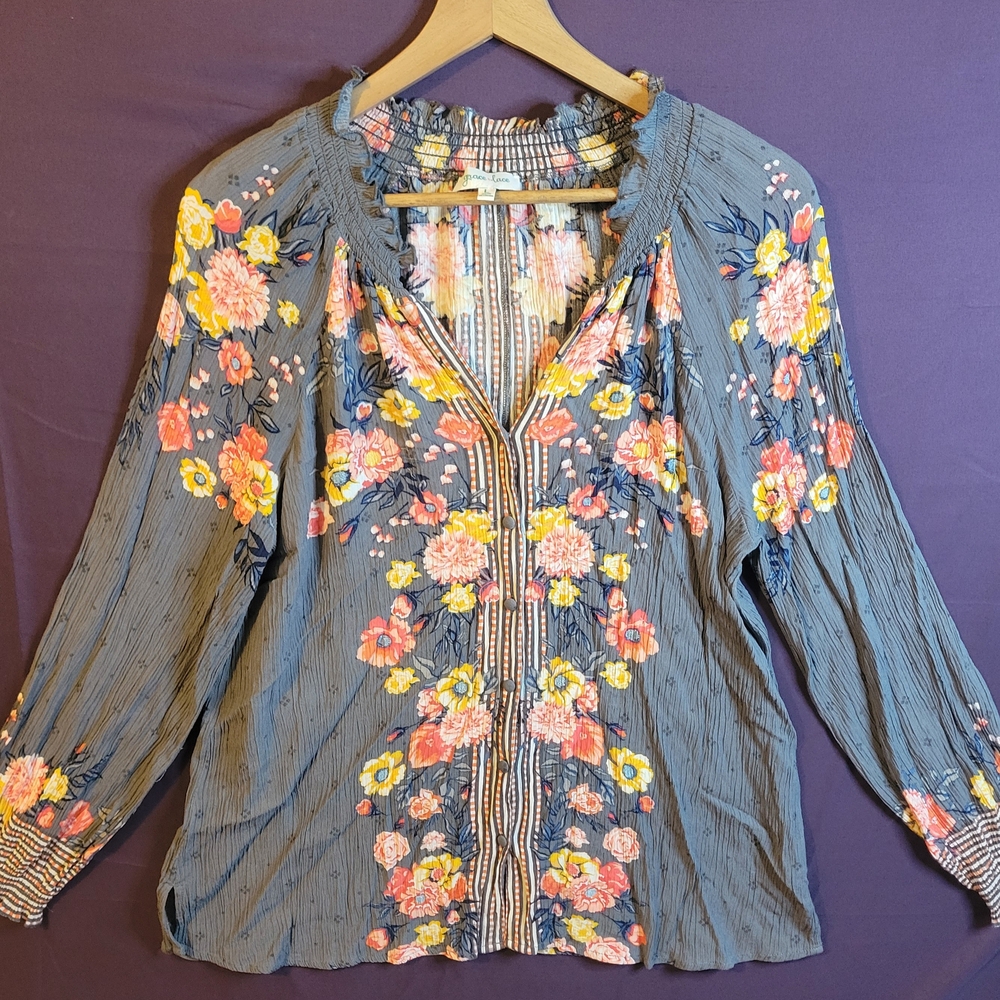 Grace & Lace Floral Blouse - Gray With Pink And Yellow